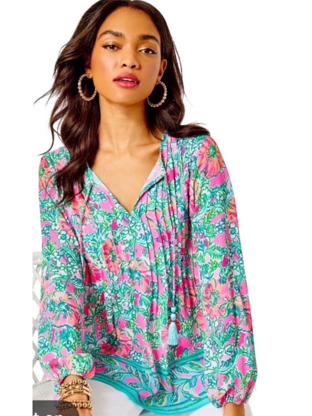 Lilly Pulitzer Marilina Tunic Top Blue Multi Floral Print Size S 100% Polyester